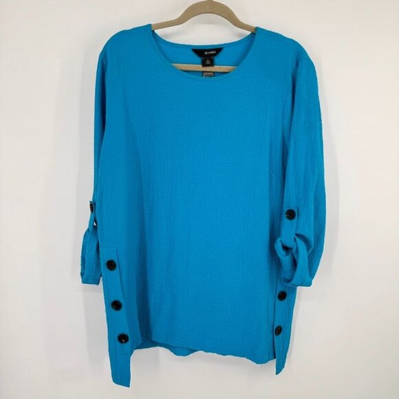 Ali Miles Womens Blue crinkle Tunic Top size large Button Detailing 3/4 sleeve - Picture 2 of 13